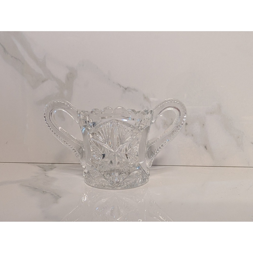 Vintage Clear Pressed Glass Sugar Bowl Starburst Pinwheel Double Handle 3 inch